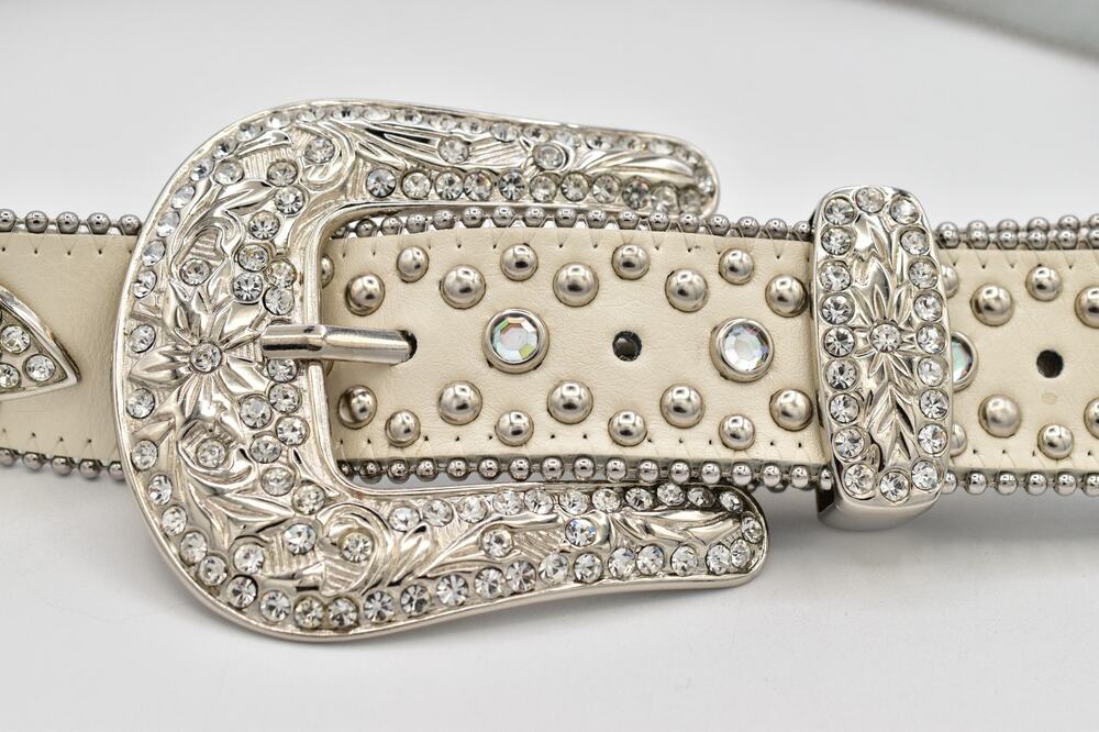 Cream Genuine Leather Rhinestone Western Belt M/L Silver Studded Crystal Y2K